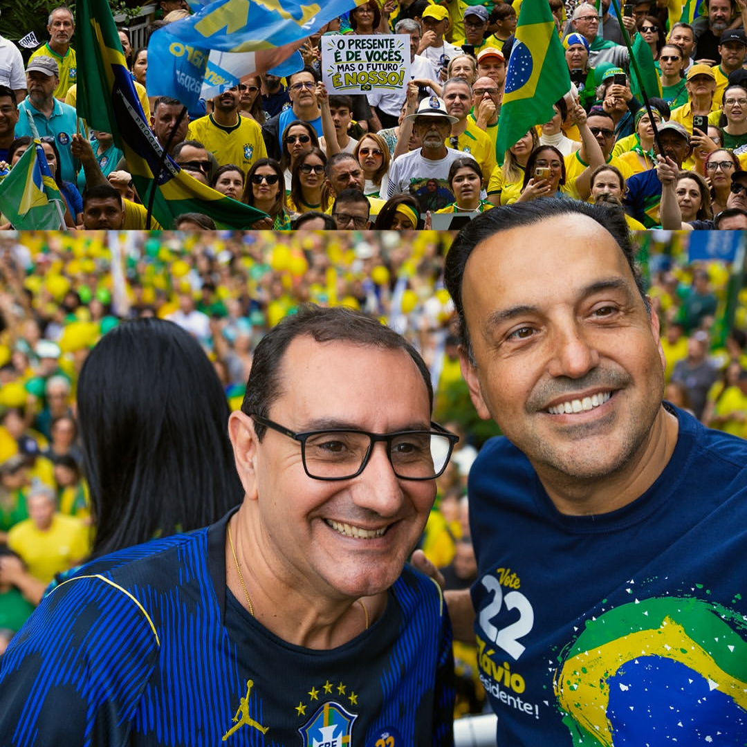 Registro de Anderson Farias e Felicio Ramuth com apoiadores ao fundo.