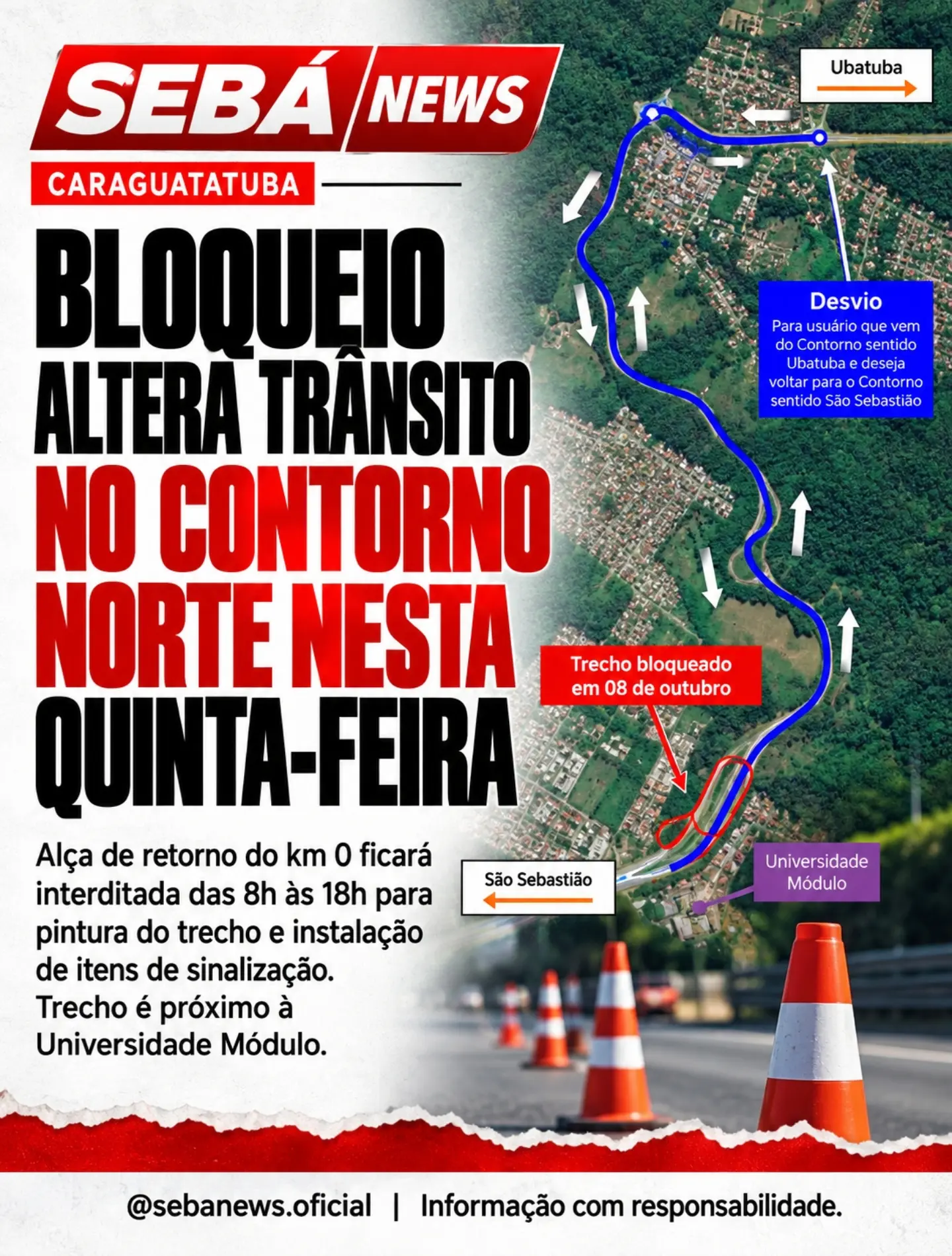 Arte original do Sebá News: Alça de retorno do Contorno Norte tem bloqueio programado nesta quinta-feira em Caraguatatuba