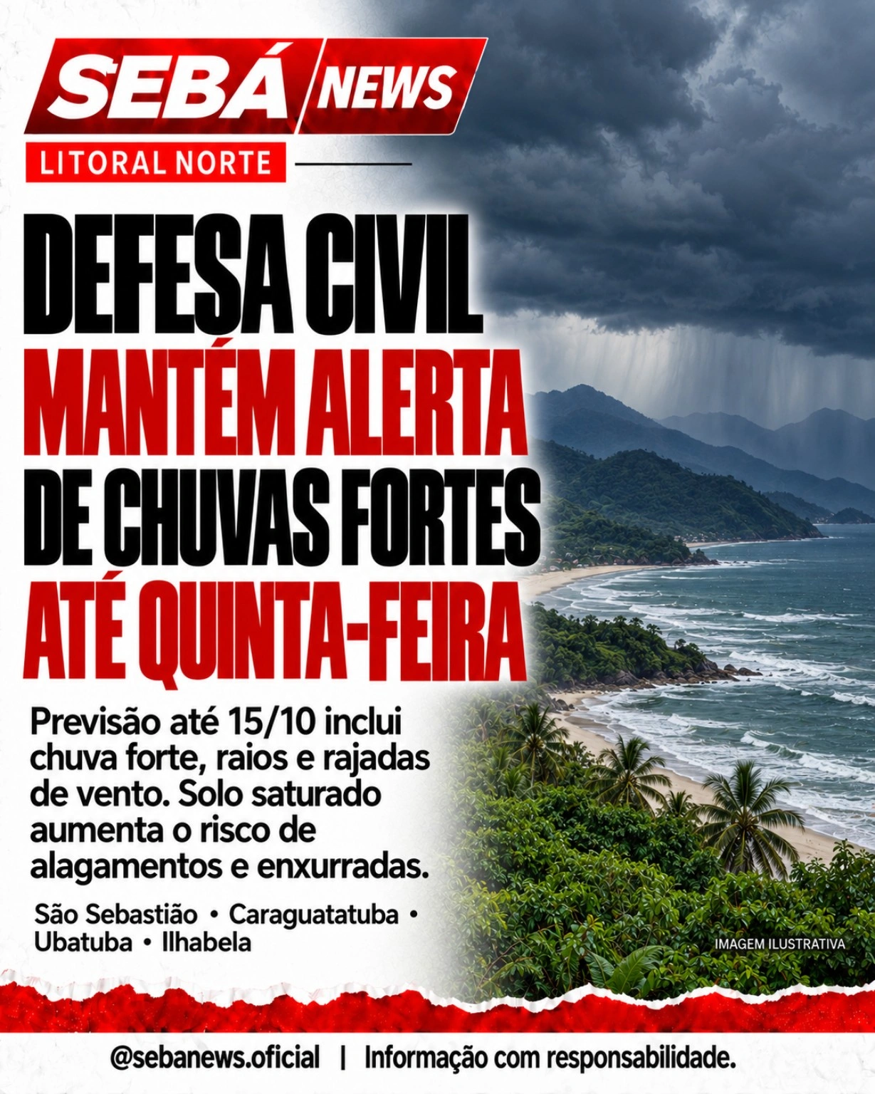 Defesa Civil mantém alerta de chuvas fortes até quinta-feira