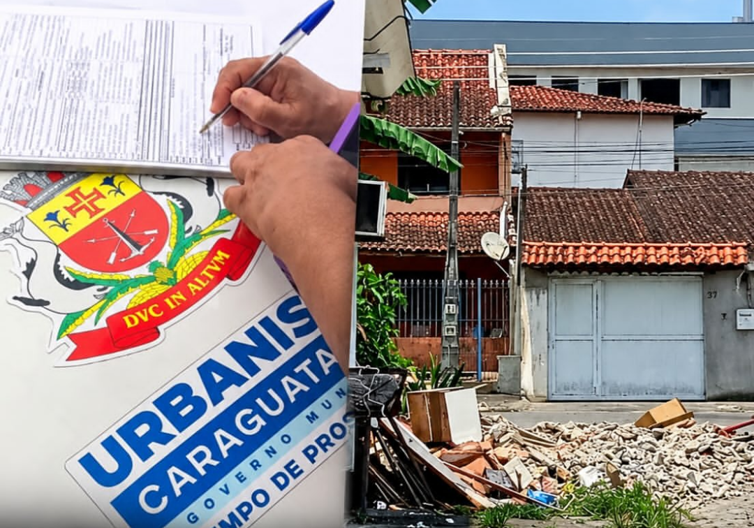 Arte sobre fiscalização municipal e descarte irregular de resíduos em Caraguatatuba.