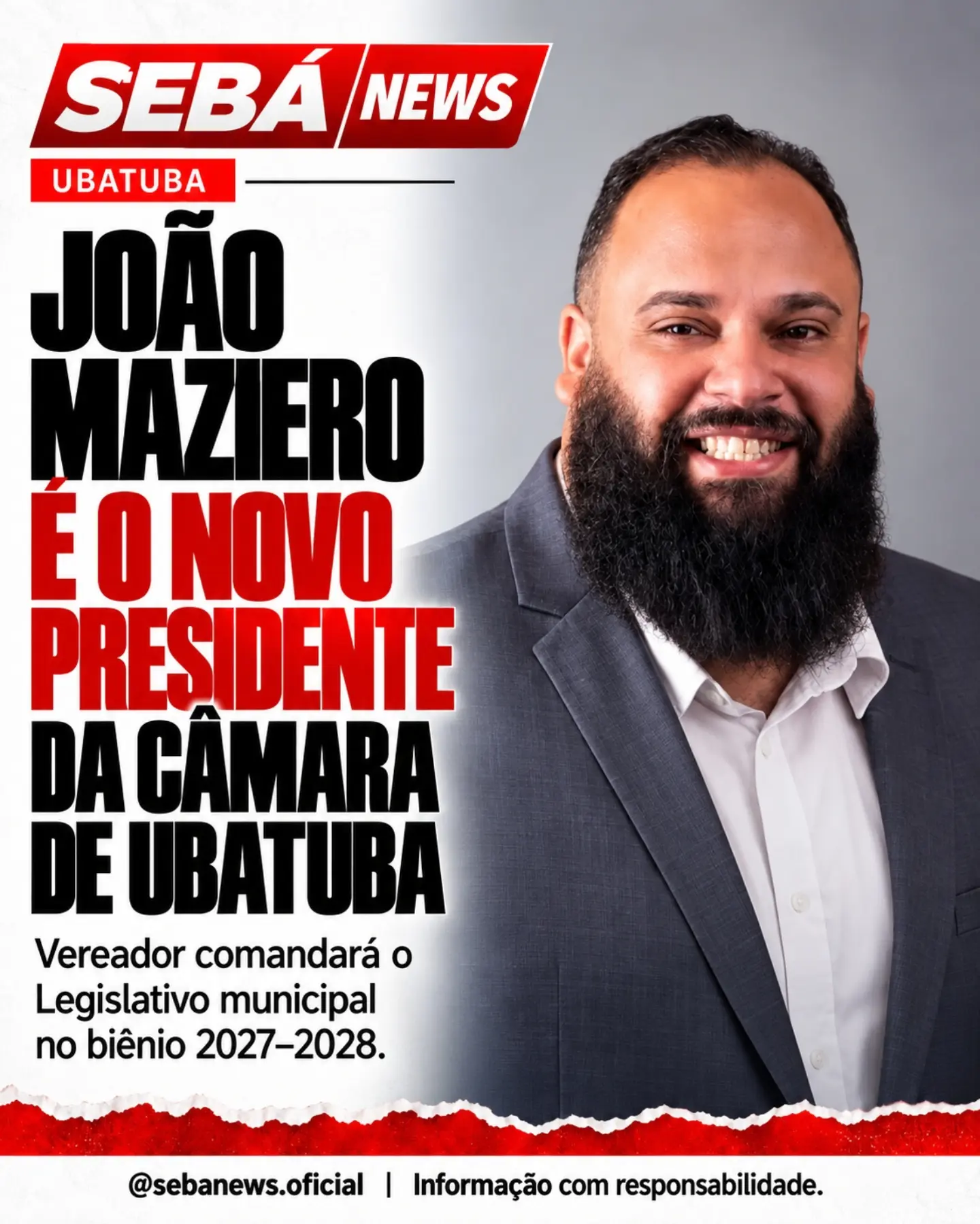Arte original do Sebá News: João Maziero é eleito presidente da Câmara de Ubatuba para o biênio 2027–2028