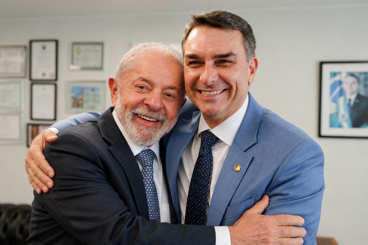 Composição ilustrativa gerada por IA de Lula e Flávio Bolsonaro em um abraço fictício.