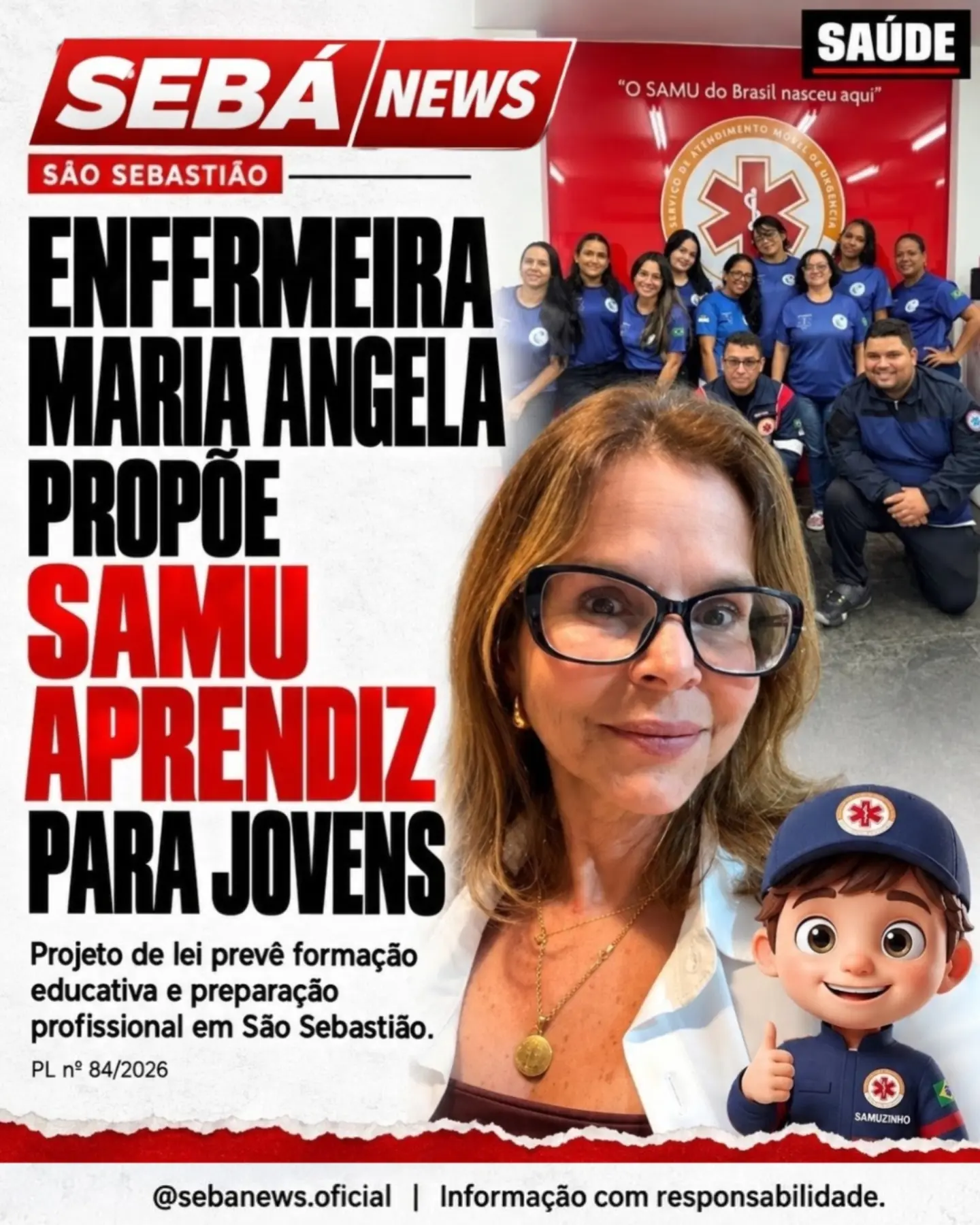 Arte original do Sebá News: Maria Angela propõe programa SAMU Aprendiz para jovens em São Sebastião